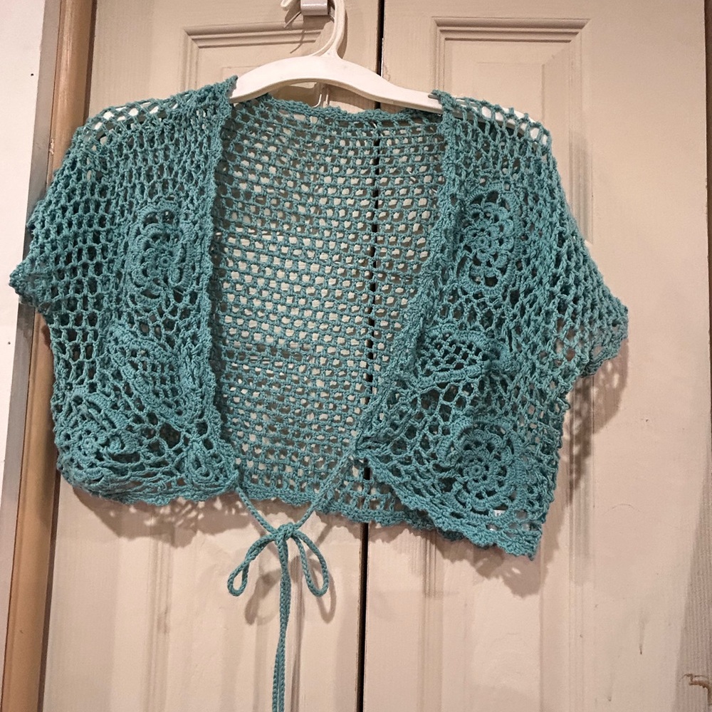 Teal Crochet Open-Front Sweater
